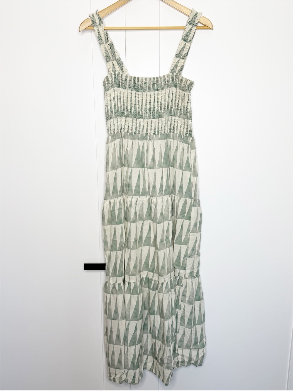 MARINE LAYER Selene Smocked Maxi Dress medium green pockets linen vacation trip - Picture 3 of 11